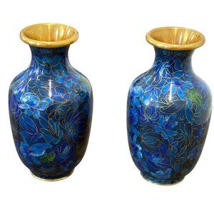 Vintage Chinese Cloisonné Floral Vase Set With Brass Rim/Base Blue Floral